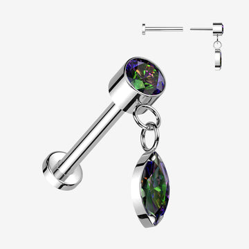 Implant Grade Titanium OneFit Threadless Sparkle Marquise Dangle Top Flat Back Labret-Vitrail Medium